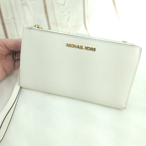 Michael Kors Womens Ivory White Leather Detachable Strap Wristlet Wallet - Picture 1 of 14